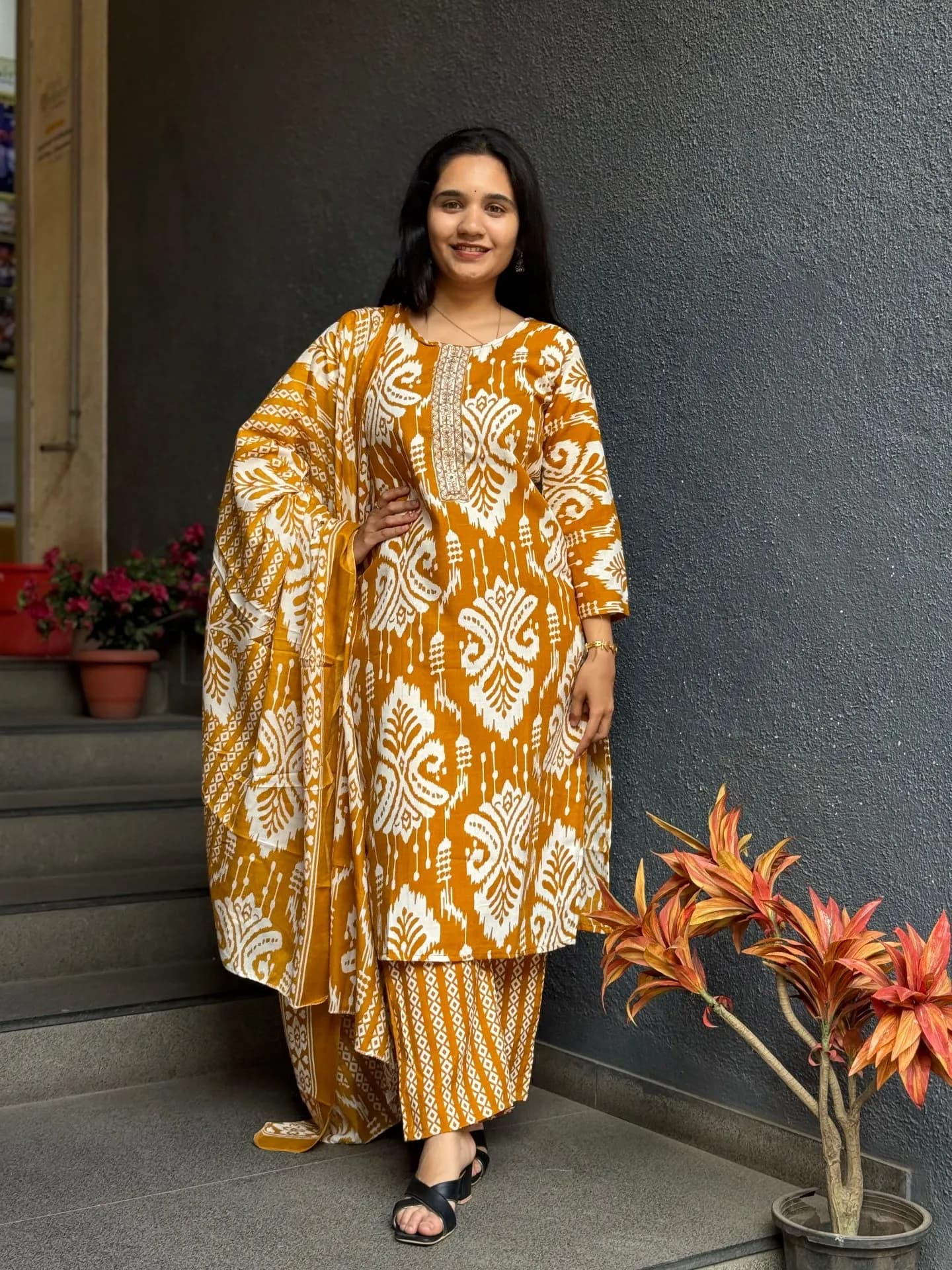 Mustard Ikat Cotton Suit Set