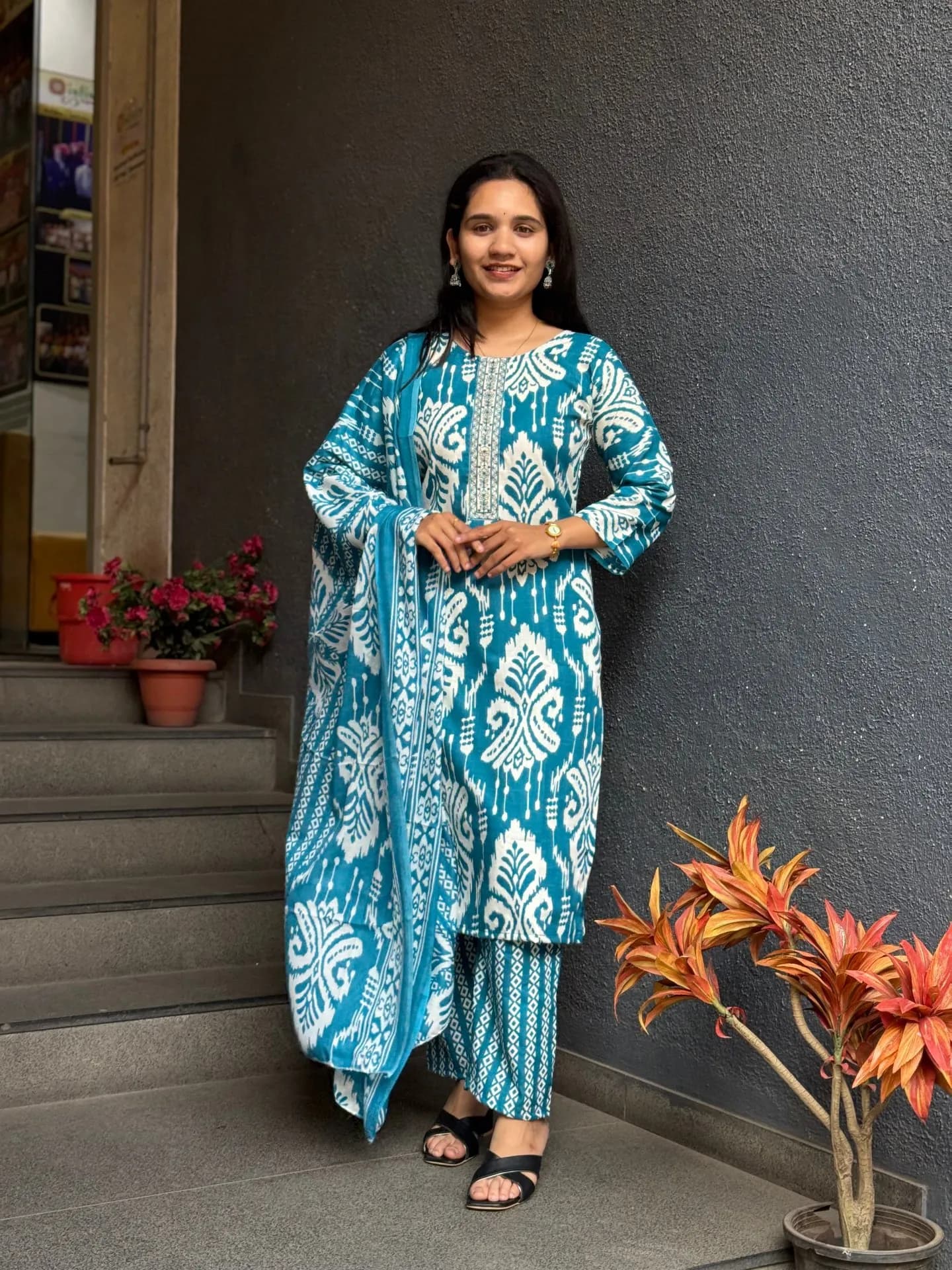 Teal Ikat Cotton Suit Set