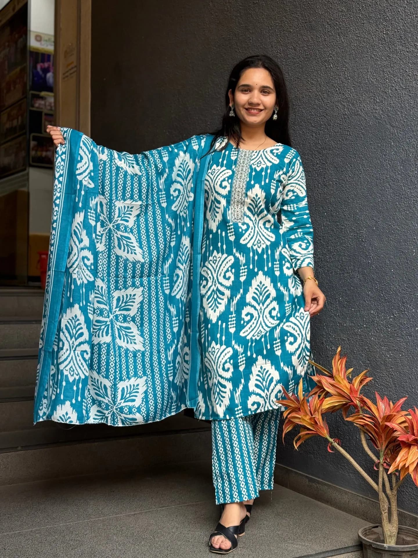 Teal Ikat Cotton Suit Set