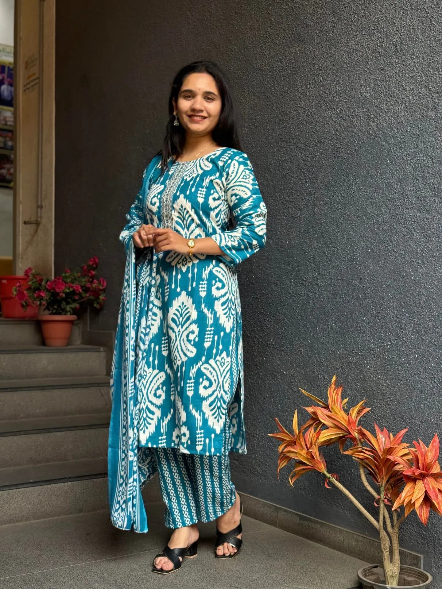 Teal Ikat Cotton Suit Set