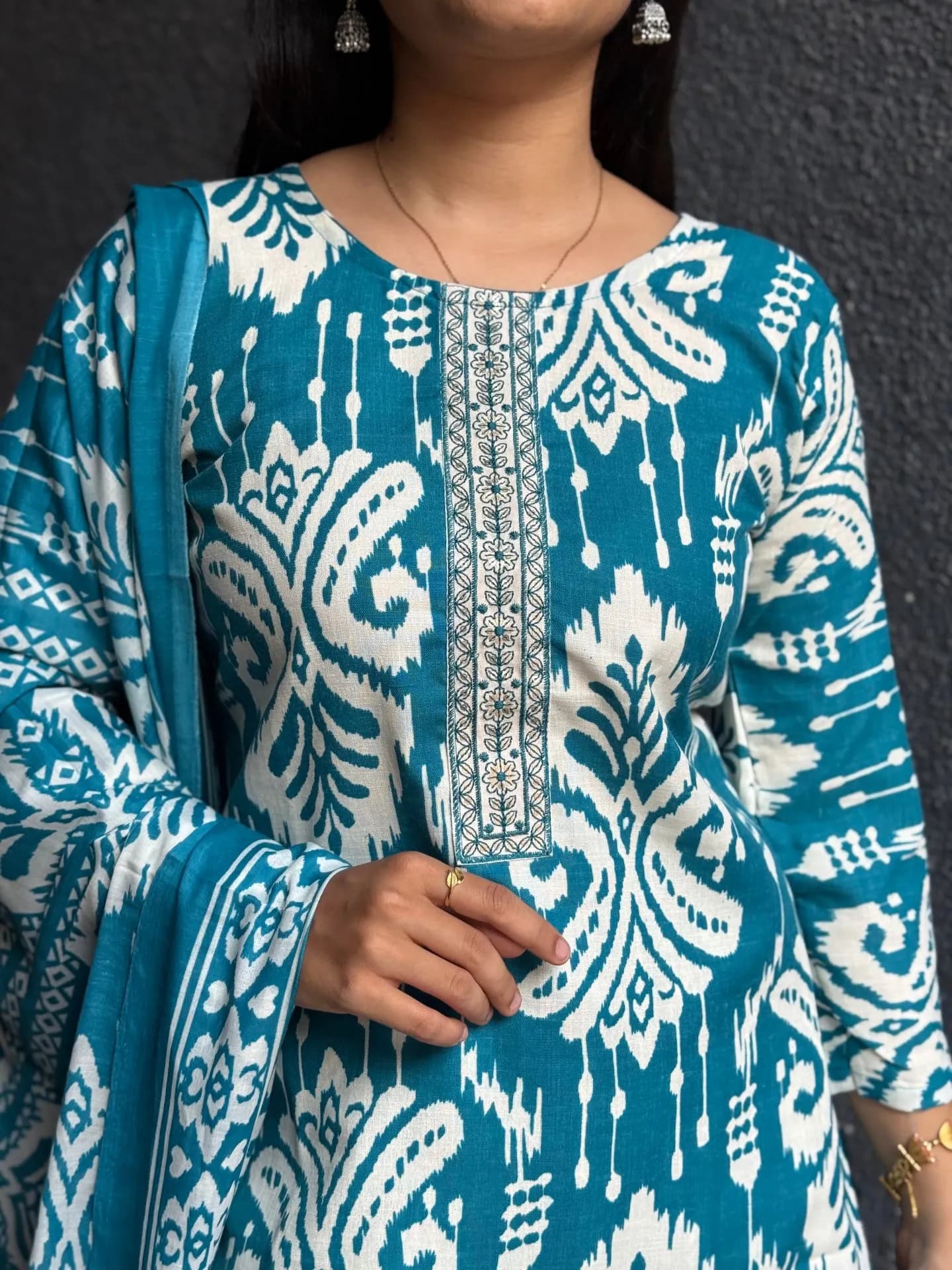 Teal Ikat Cotton Suit Set