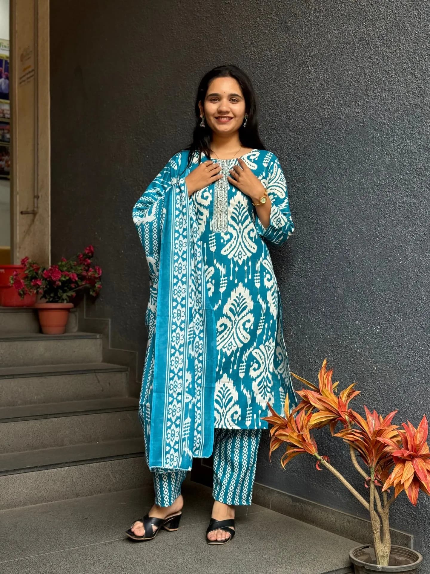 Teal Ikat Cotton Suit Set