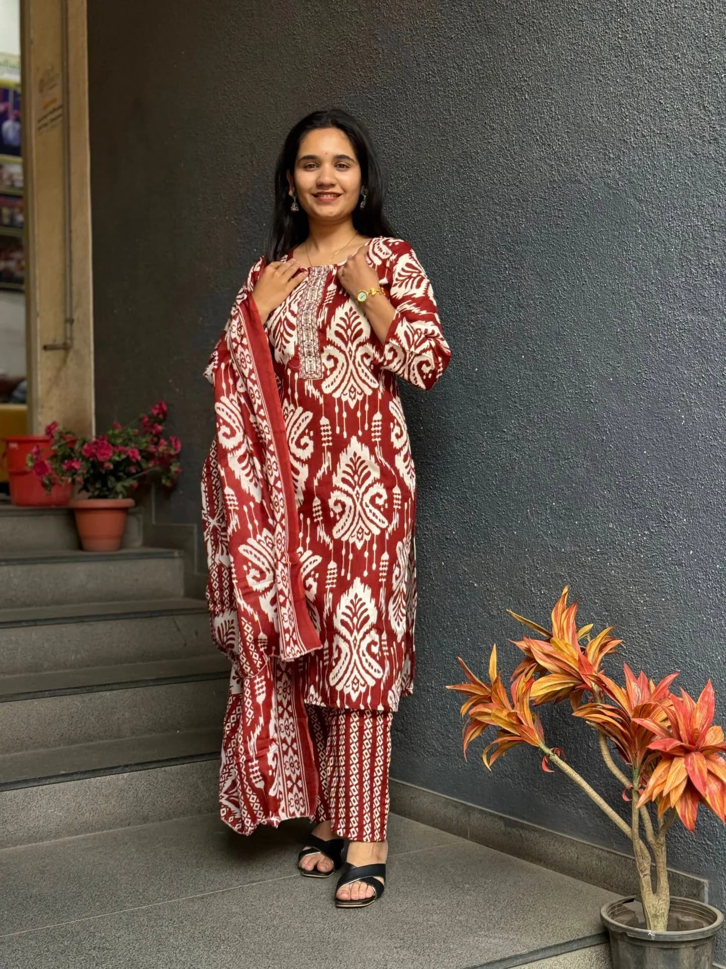 Rust Ikat Cotton Suit Set