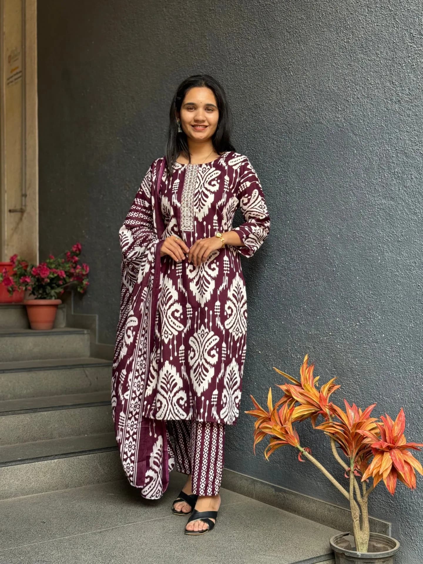 Wine Ikat Cotton Suit Set