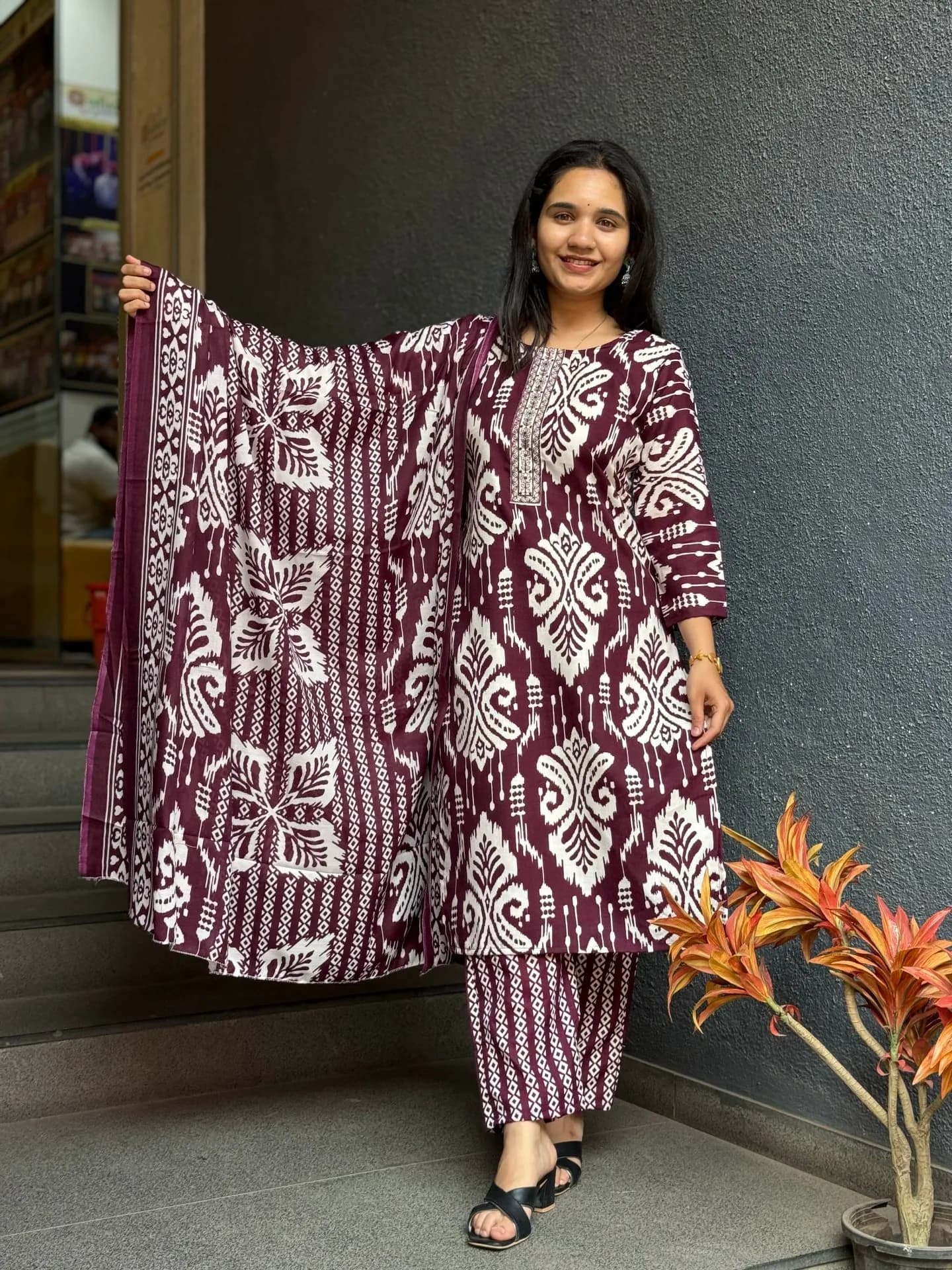 Wine Ikat Cotton Suit Set