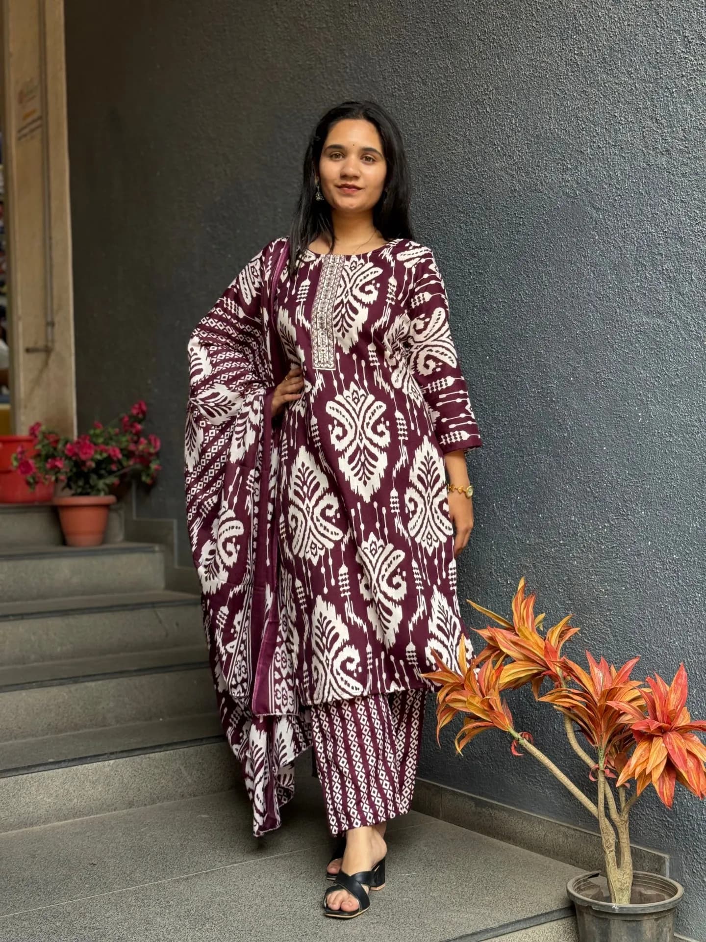 Wine Ikat Cotton Suit Set