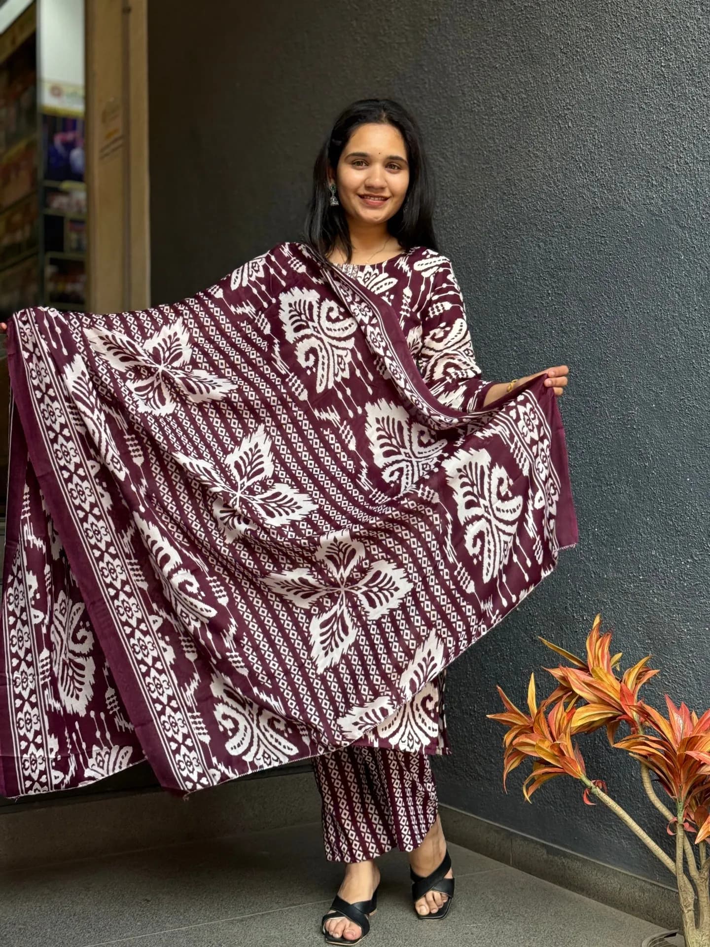 Wine Ikat Cotton Suit Set