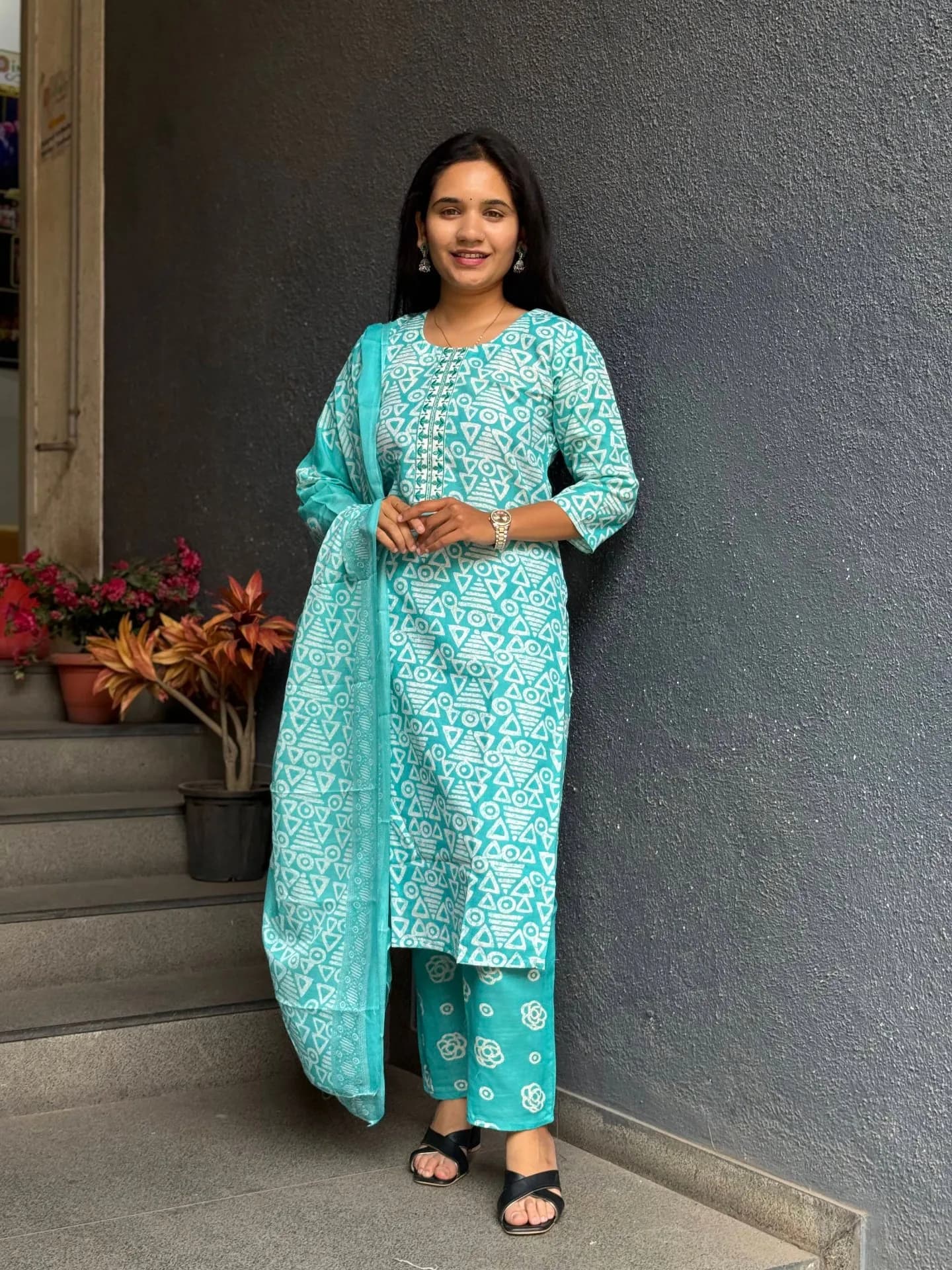 Aqua Geometry Cotton Suit Set