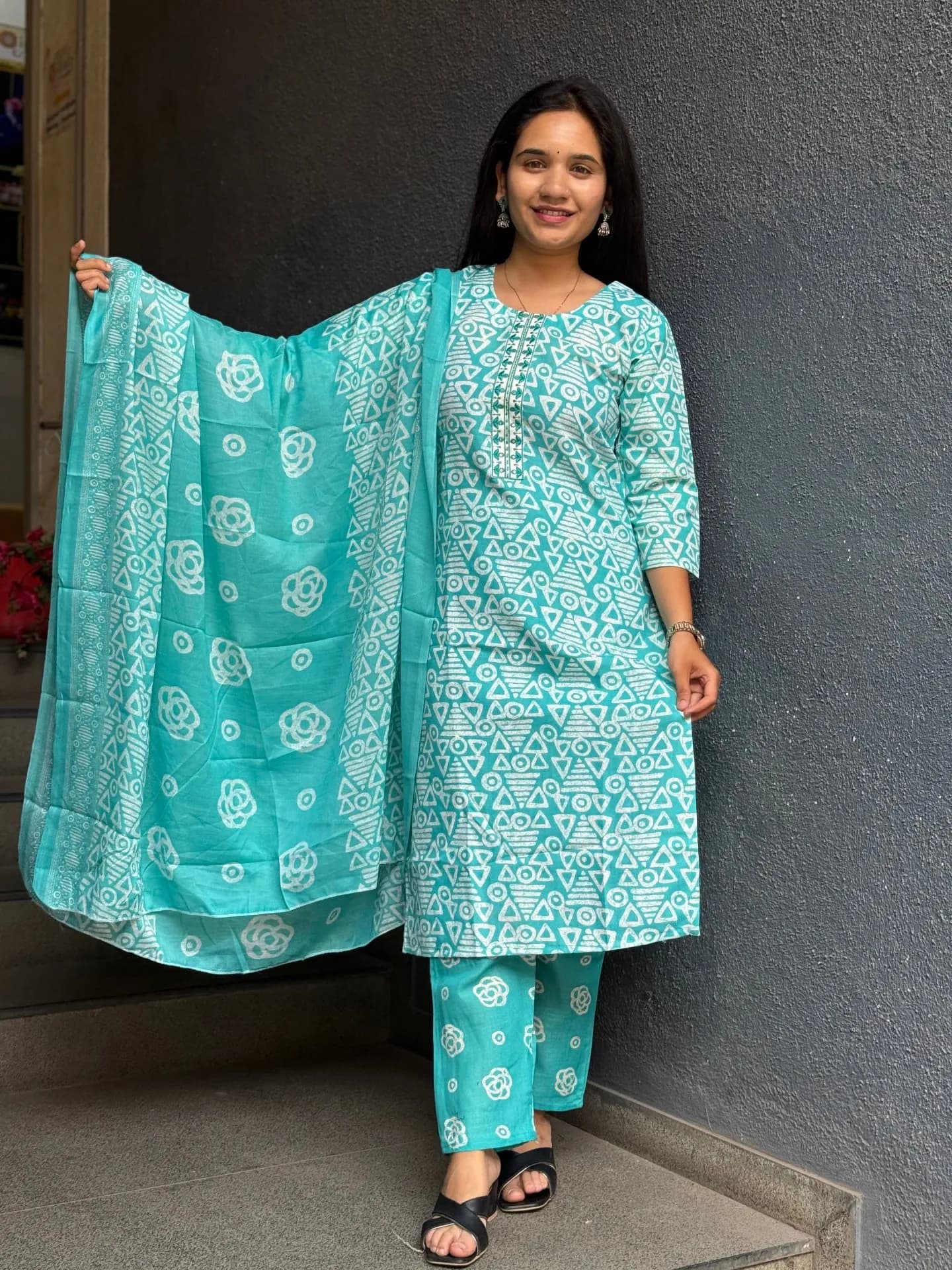 Aqua Geometry Cotton Suit Set