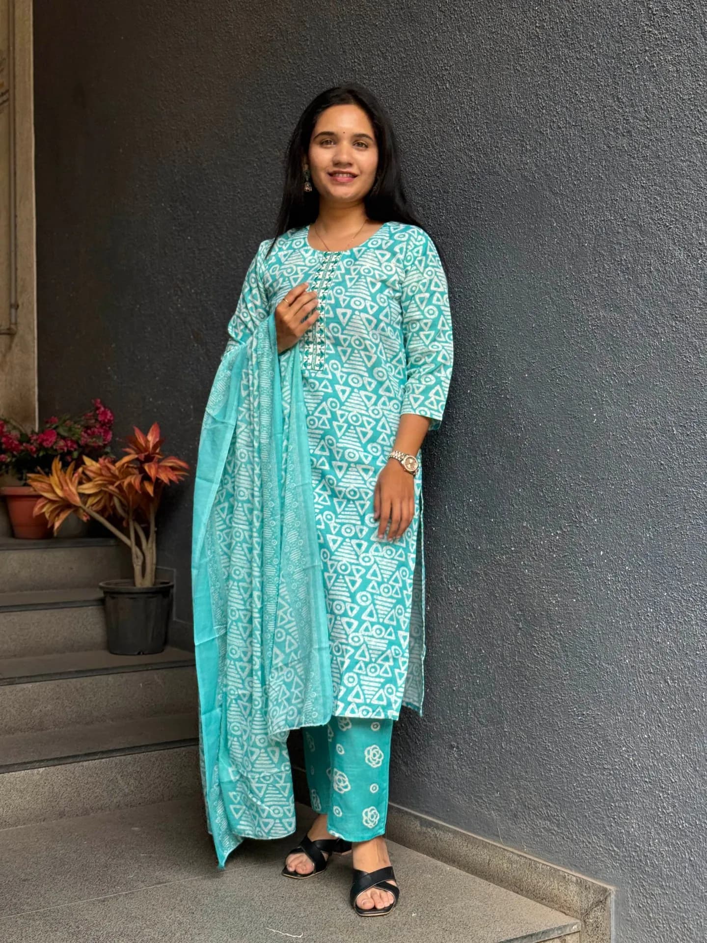 Aqua Geometry Cotton Suit Set