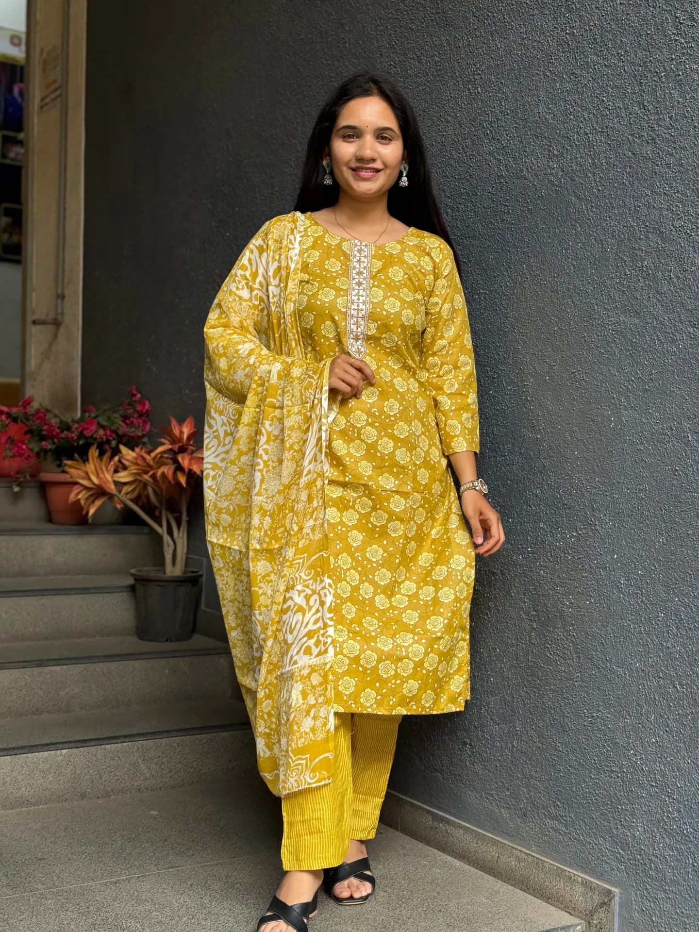 Sunlit Amber Floral Cotton Suit Set