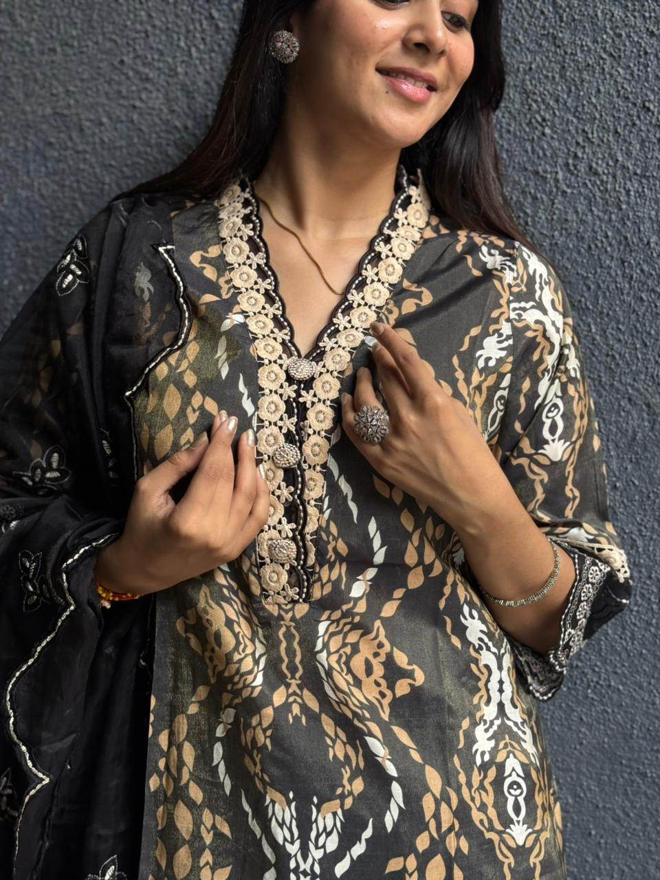 Elegant Black Printed Kurta Set with Dupatta