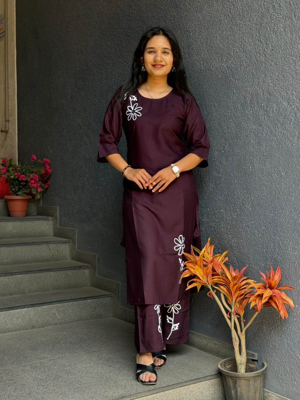 Elegant Maroon Embroidered Cord Set