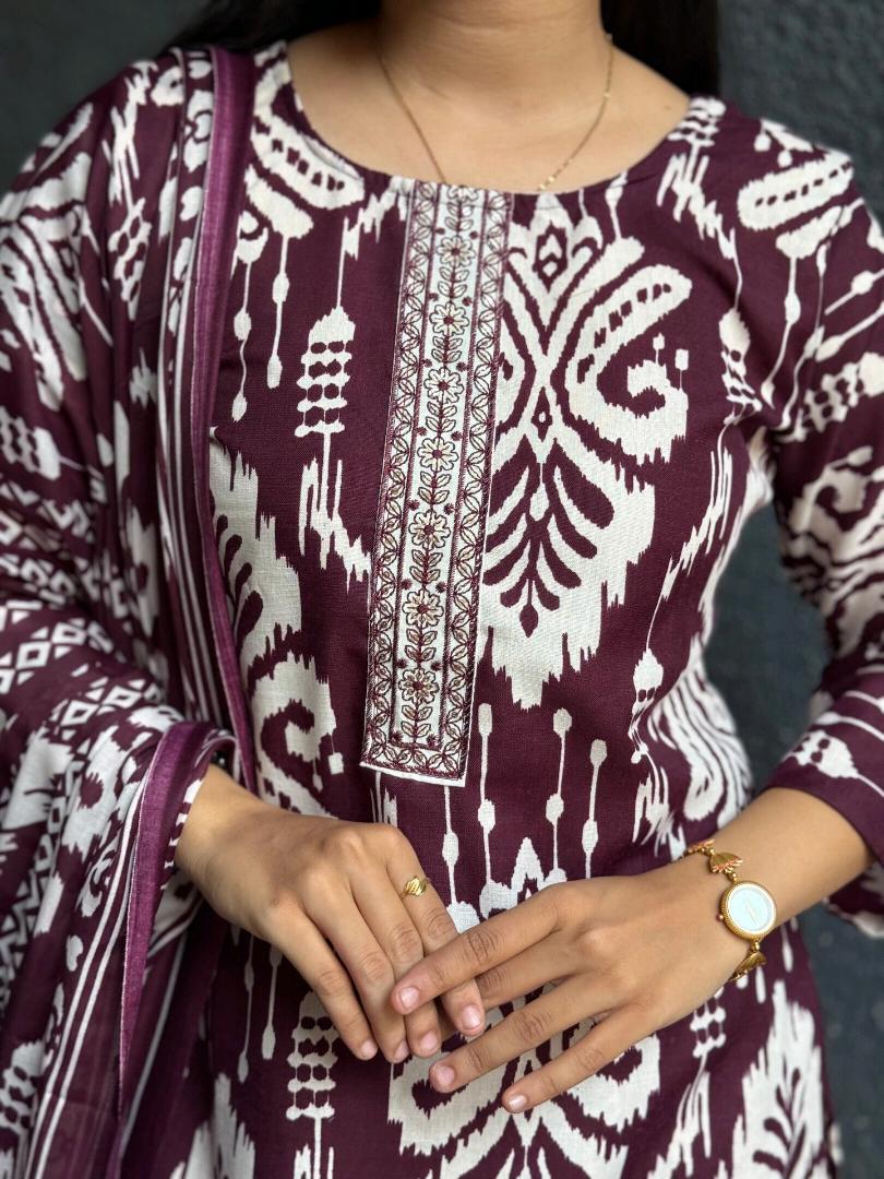Wine Ikat Cotton Suit Set